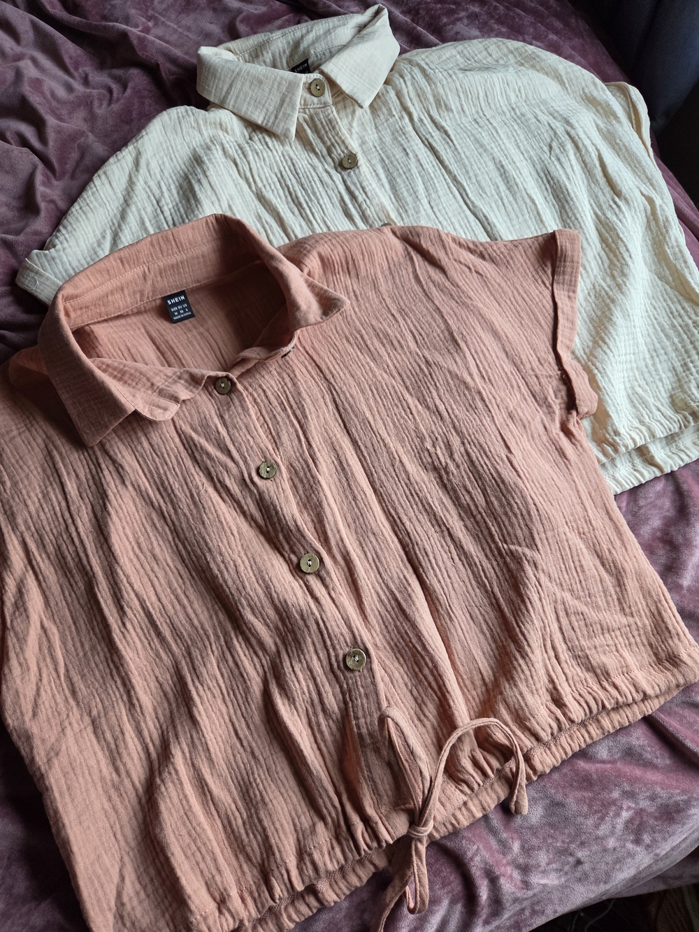 SHEIN Pink Peach and Cream Button-Down Crop Tops